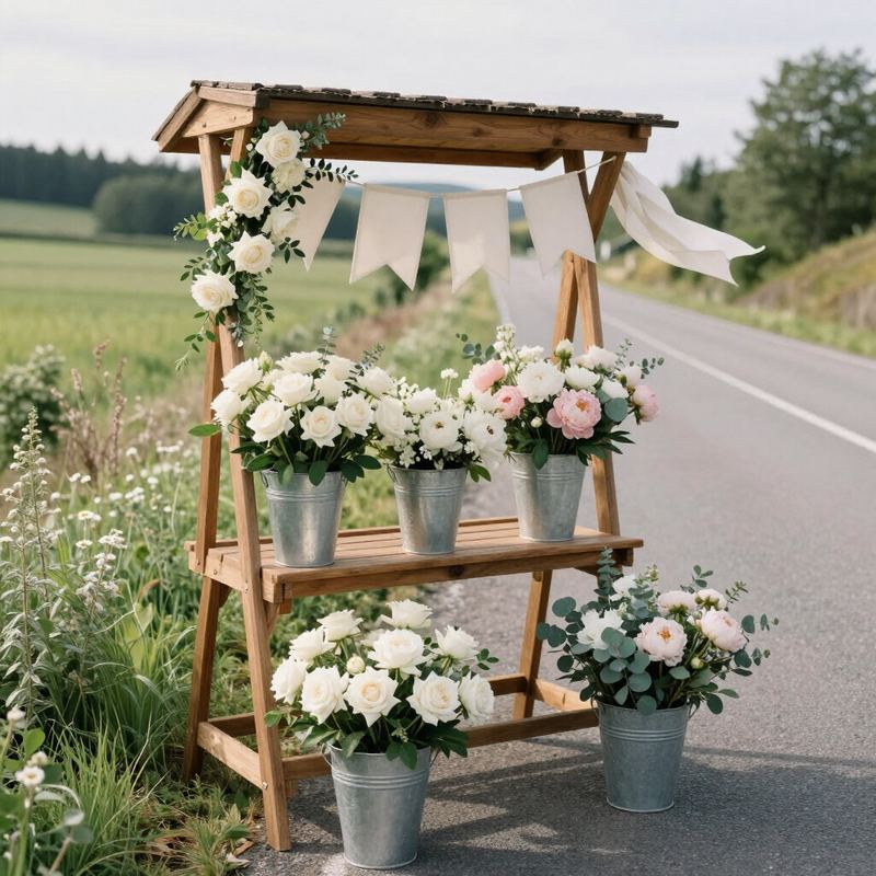 Wooden roadside flower stand with fresh bouquets