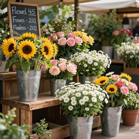 Farm market flowers in galvanized buckets