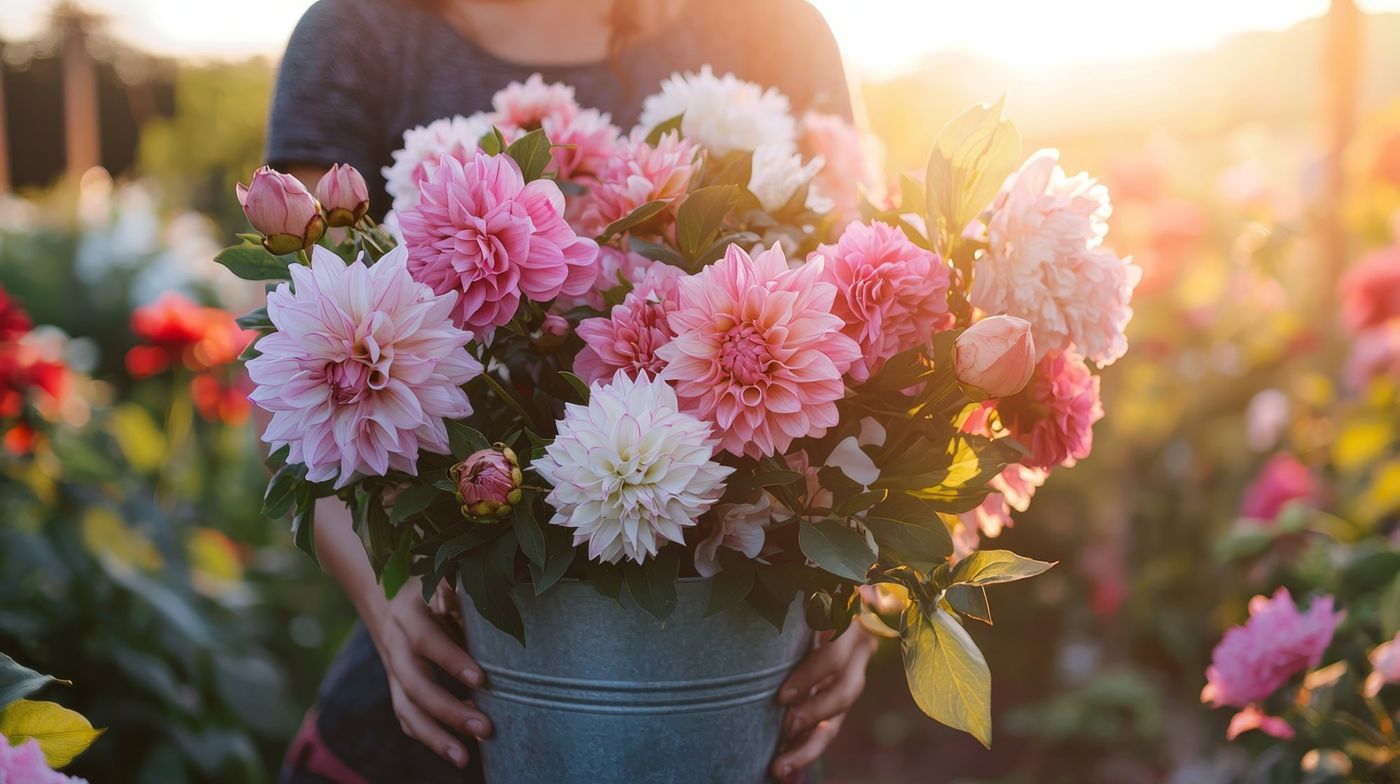 Holding a fresh dahlia bouquet at golden hour in the field